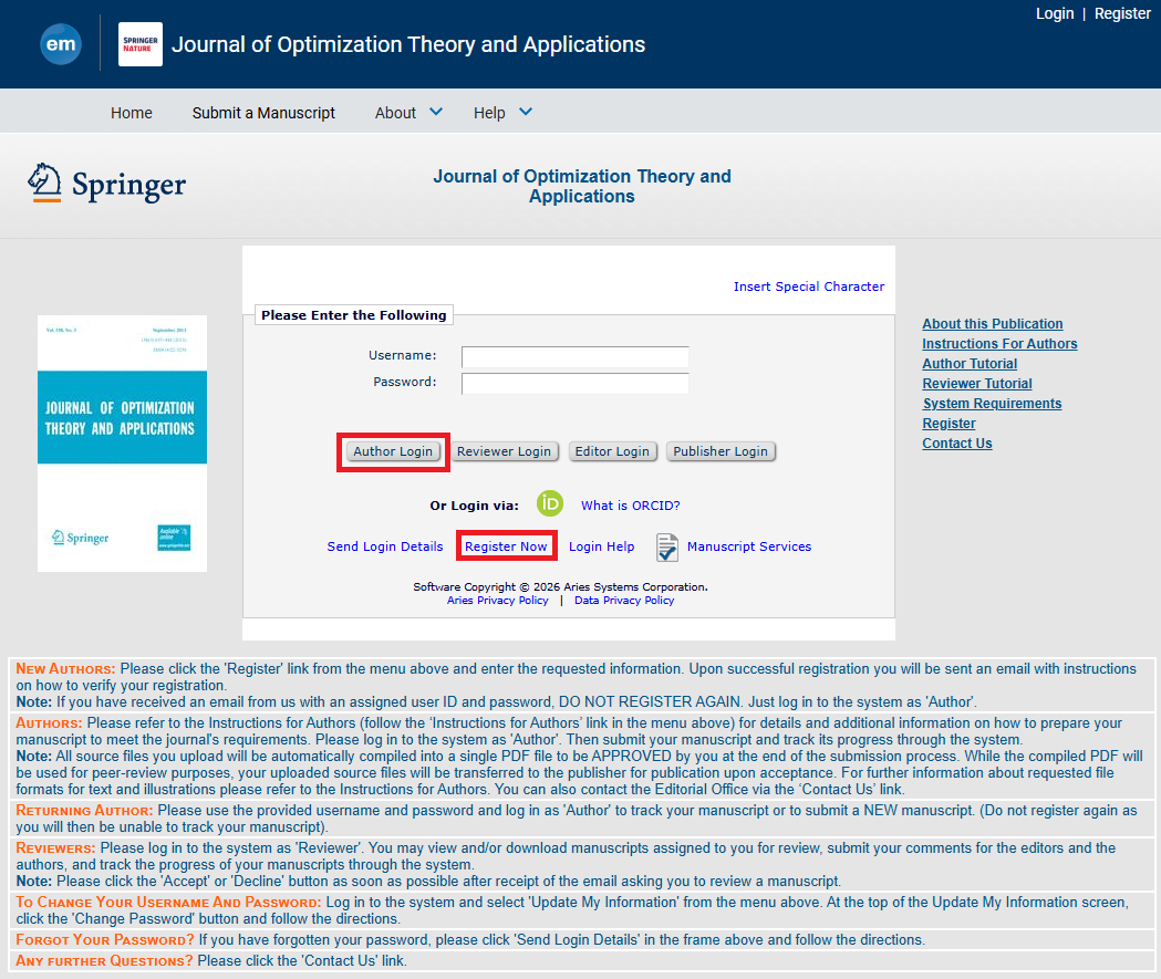 Springer manuscript submission system sign-in page with the Author role